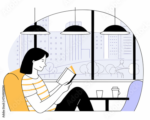 Stylish woman reading a book at a café, relaxed urban lifestyle.