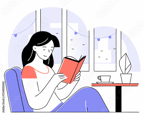 Stylish woman reading a book at a café, relaxed urban lifestyle.