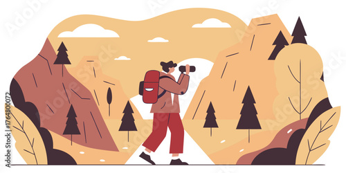“Traveler exploring a mountain trail with backpack and camera.”