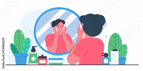 Young woman doing skincare routine in front of a mirror, soft lighting.