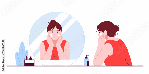Young woman doing skincare routine in front of a mirror, soft lighting.