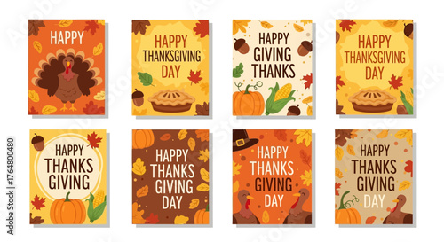 Adorable hand-drawn Thanksgiving card collection featuring cute autumn-themed illustrations. Includes cheerful turkeys, pumpkins, pies, corn, acorns, and fall leaves with playful typography