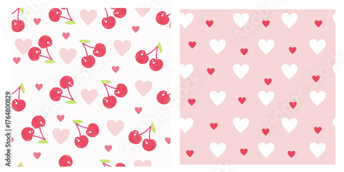 A set of cute seamless backgrounds with cherries and hearts in pink colors