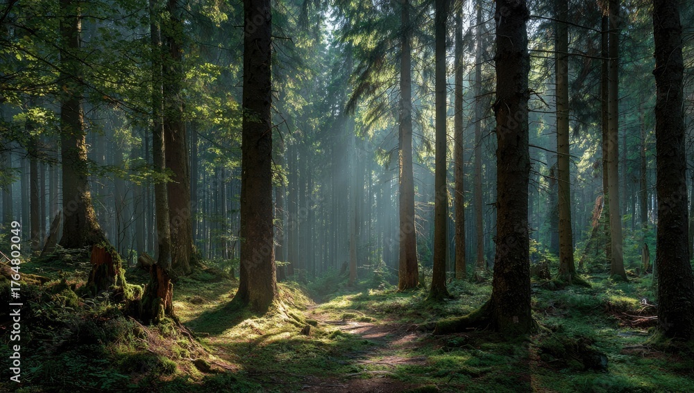 Naklejka premium Sunlight filtering through a dense forest (3)