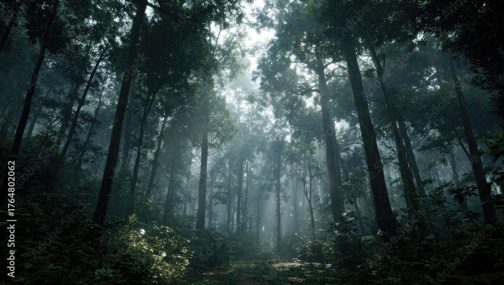 Obraz premium Dense forest path in the mist