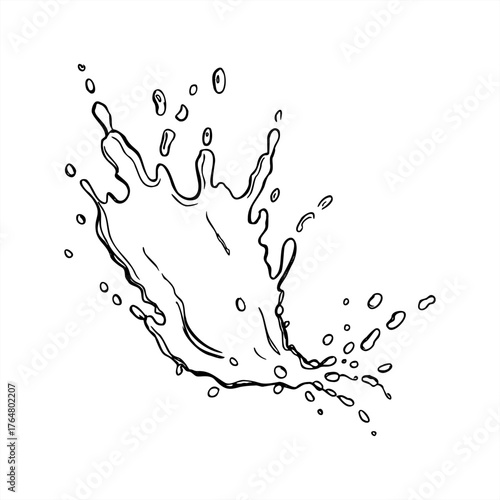 Vector monochrome abstract water and juice splash with flying drops line art black ink sketch. Splattering liquid texture with bubbles for beverage decor, skincare packaging, summer freshness design