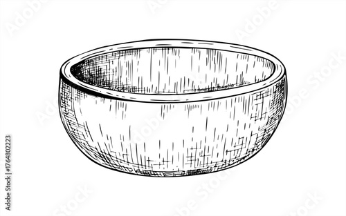 Wooden empty bowl vector illustration painted by black inks. Etching drawing of traditional Asian utensil for soup, cereal, or tea. Cooking handmade tableware for home decor, cookbook, menu design