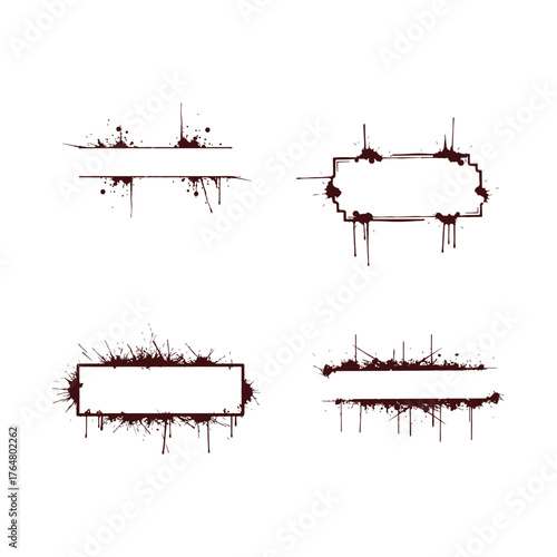 Four rectangular frames with rustic vintage ink splatter texture effect set for various graphic elements.