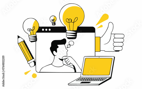 Creative Idea Generation, Brainstorming, and Problem Solving - Man Thinking, Light Bulbs, Web Development, and Innovation