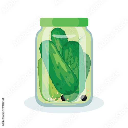 Glass jar with pickled cucumbers vector illustration. Green pickled cucumber icon isolated on a white background. Gherkin cucumber symbol. Pickle jar drawing in flat style