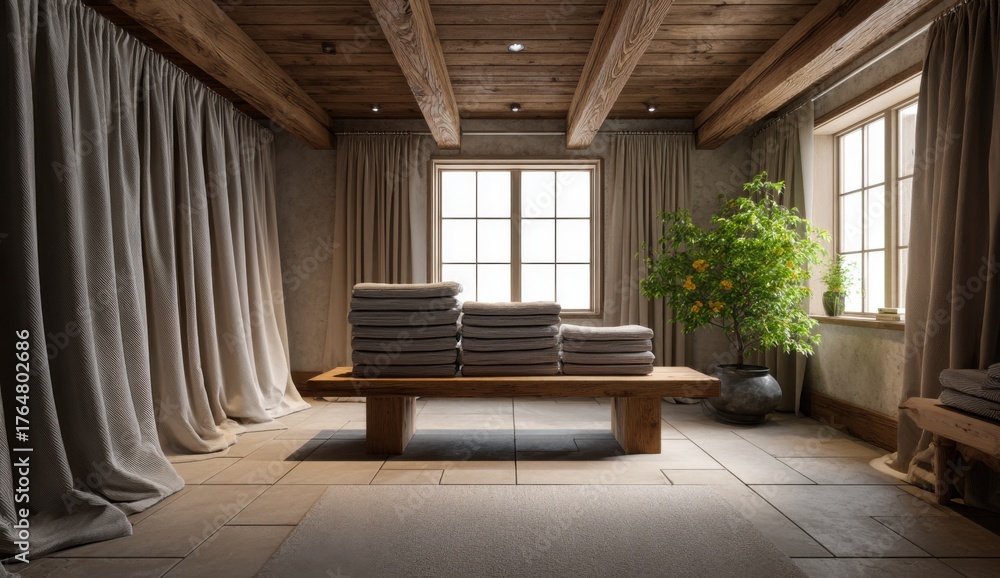 Obraz premium Serene indoor scene with wooden beams, draped curtains, stacked towels, and natural light