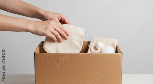 Boxing day concept with hands packing box for holiday gift arrangement and storage