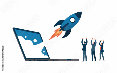 Business Startup Launch and Technology Innovation - Rocket Launching from Laptop Screen with Cheering Team, Project Success