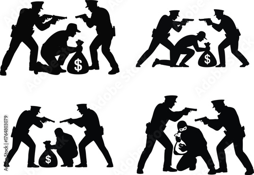 Police Officers Arresting Thief at Gunpoint Silhouette Vector Set