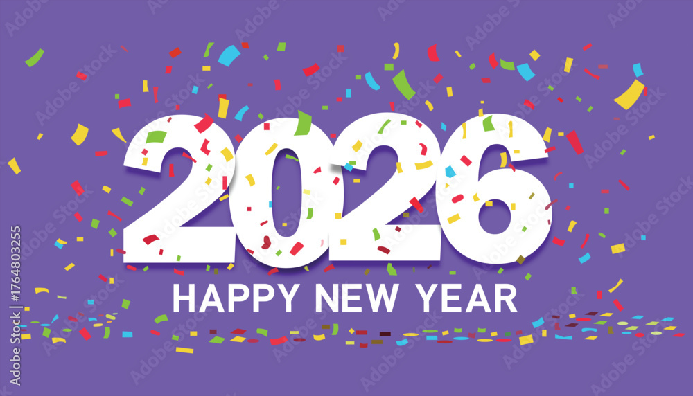 Fototapeta premium Happy new year 2026 celebration party background text design with purple, bright, colorful confetti design concept vector illustration