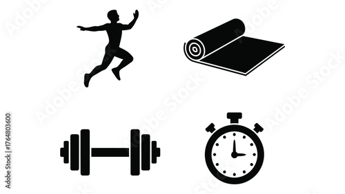Fitness icons set silhouette running mat dumbbell stopwatch for gym workout sports activity silhouette