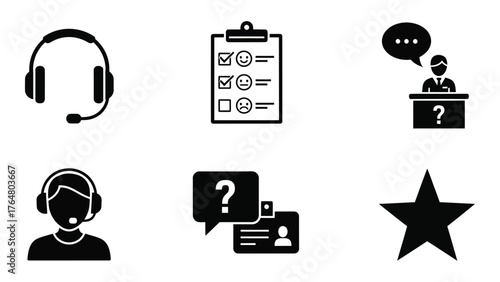 Customer support icons set featuring headsets surveys and feedback for service excellence silhouette