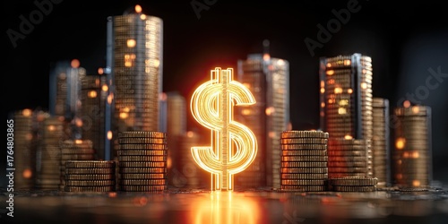 Fototapeta Naklejka Na Ścianę i Meble -  Illuminated dollar sign in a city of stacked gold coins