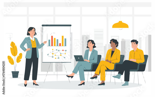 Business Woman Giving Presentation to Colleagues - Team Meeting, Training, Corporate Seminar, Data Analysis, Workshop