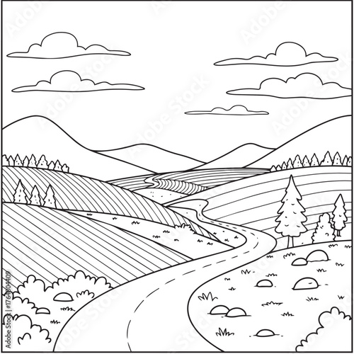 Generative ai vector art of a winding road leads through rolling hills and fields under a cloudy sky, with trees dotting the landscape and mountains in the distance, creating a serene rural vista