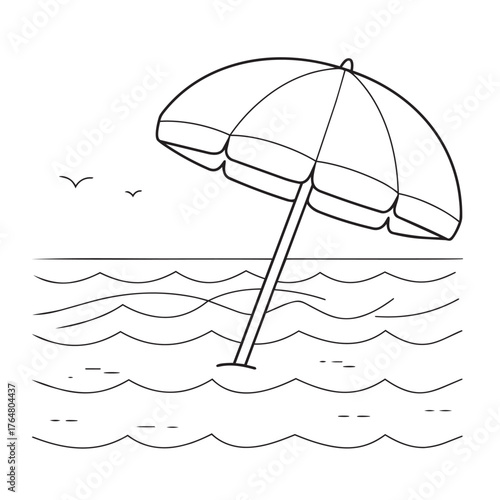 Generative ai vector art of a solitary beach umbrella stands firmly planted in the gentle waves of the ocean, with a few birds flying in the clear sky above, evoking a sense of summer relaxation