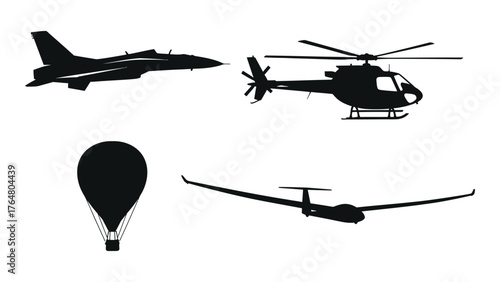 Silhouettes of diverse aircraft including jet fighter helicopter hot air balloon and glider silhouette