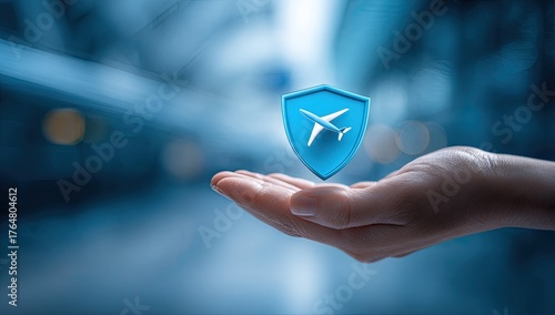 Hand holding a 3D rendered blue shield with an airplane, signifying air travel protection