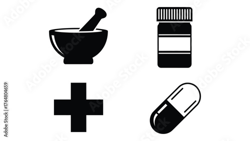 Medical pharmacy icons set mortar pestle pill bottle cross capsule health care symbols silhouette