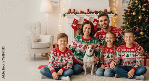 Family celebrating christmas eve with cozy sweaters and festive decorations by the fireplace