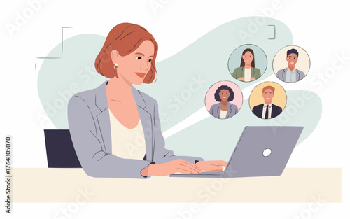 Business Woman on Video Conference Call with Team - Remote Work, Online Meeting, Virtual Communication, Telecommuting, Teleconference