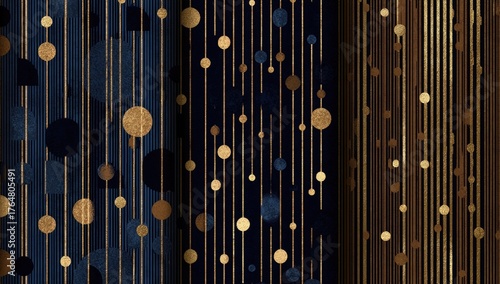 A patterned dark navy and gold design with vertical lines, circles, and a watercolor effect