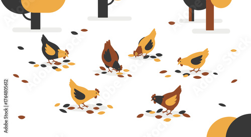 Chickens scratching in fallen leaves with autumn trees in park  