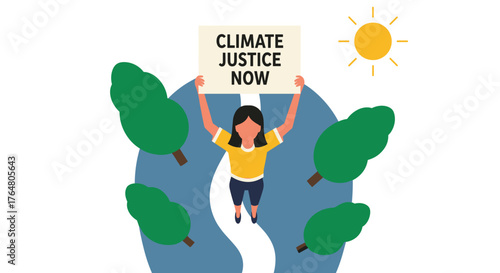 Girl holding sign at climate rally in nature with sun shining  