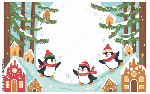 Cute Penguins Sledding and Playing in a Snowy Forest with Gingerbread Houses - Christmas Holiday Background and Winter Frame