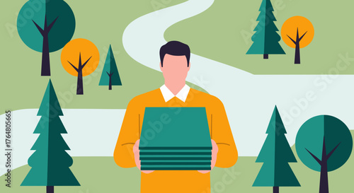 Man holding stack of cloth napkins in outdoor park setting  