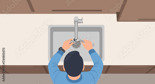 Man replacing faucet aerator at sink in modern kitchen  