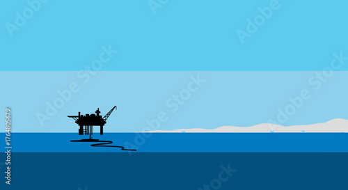 Offshore platform leak illustration on blue ocean background  