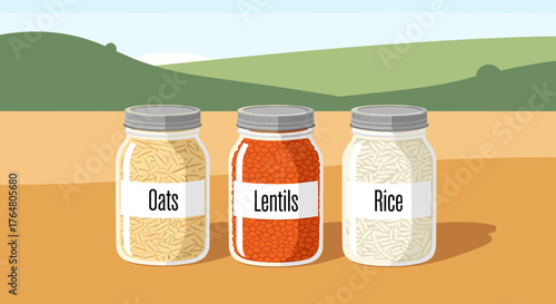 Mason jars with labeled dry foods including oats, lentils, rice  