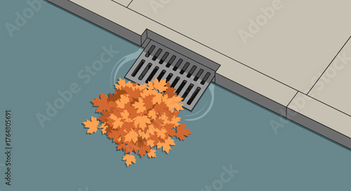 Pile of leaves near storm drain on urban sidewalk in autumn  