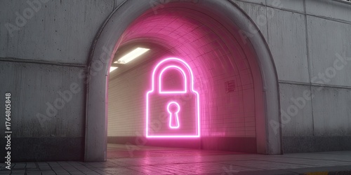 Fototapeta Naklejka Na Ścianę i Meble -  Neon pink padlock in an arched tunnel