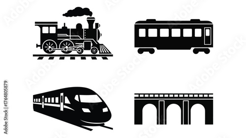 Classic steam train modern high-speed train railway bridge and passenger carriage silhouettes silhouette