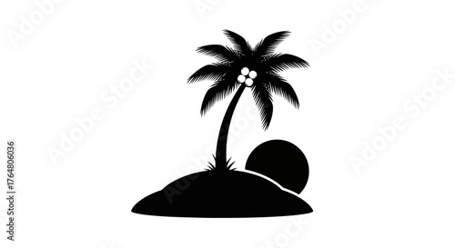 Simple black silhouette of a tropical island with a palm tree