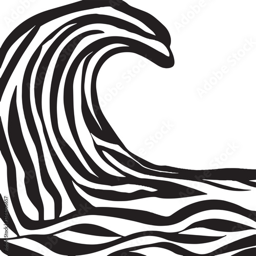 A bold, graphic illustration of a breaking wave rendered with black and white zebra stripes, evoking a sense of motion and nature
