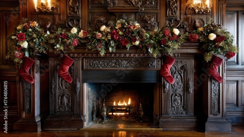 Wallpaper Mural Old money Christmas decor concept. Elegant fireplace adorned with holiday decorations and stockings. Torontodigital.ca