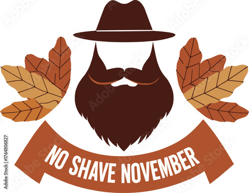 No shave november emblem with beard hat and autumn leaves