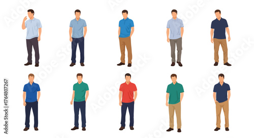 Collection of diverse young men in various casual outfits displayed