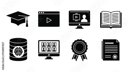 Education and online learning icons set featuring graduation cap video play button and books silhouette