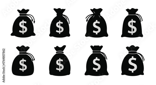 Black and white illustration depicting several bags with dollar signs on them