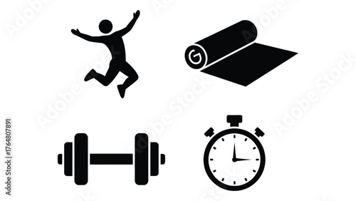 Set of four fitness icons representing health and exercise activities silhouette