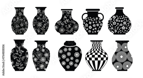 Elegant collection of black and white patterned ceramic vases displayed together